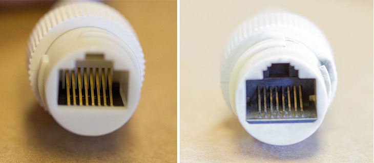 חיבור RJ45 נקבה, עם קורוזיה לעומת תקין